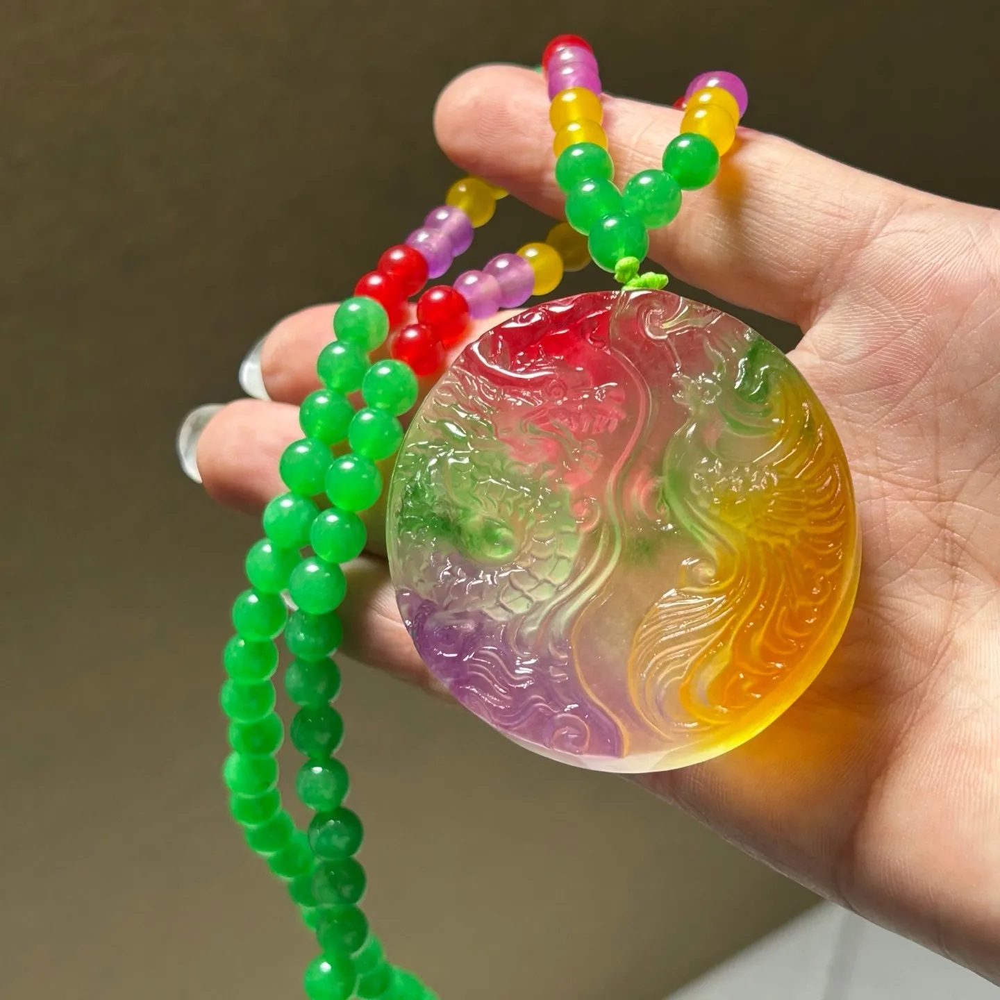 Real Natural High Ice Multicolor Burme Jade Jadeite Long Feng Pendant&Necklace