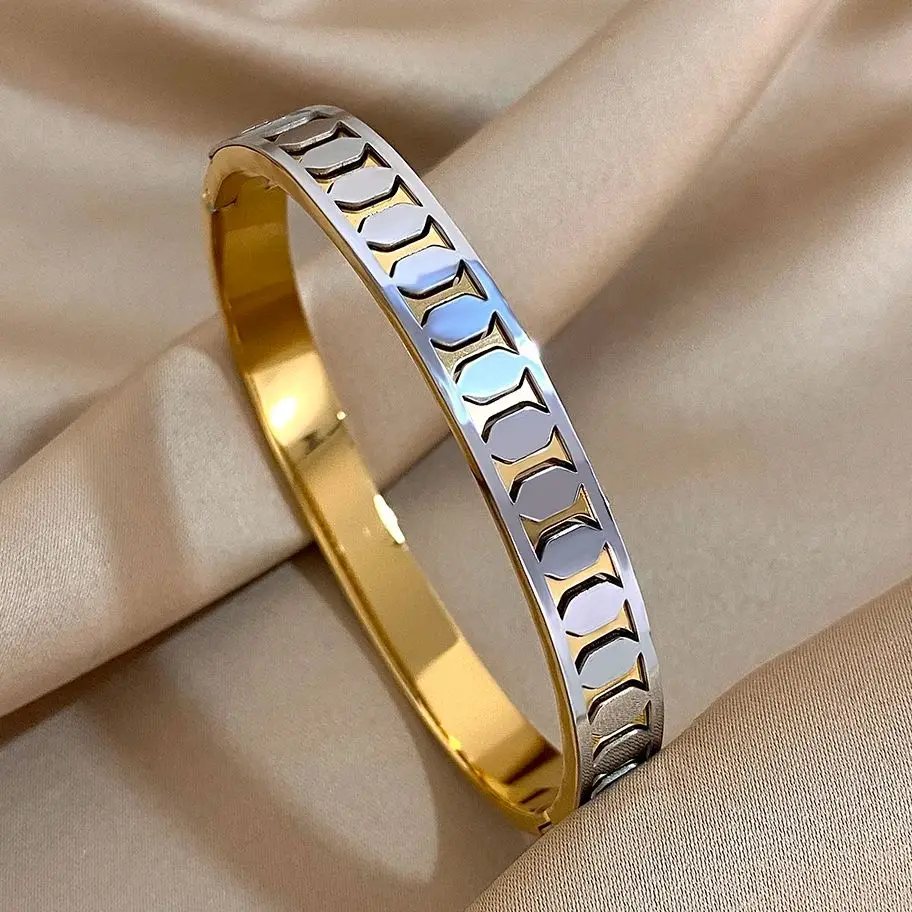أزياء هندسية الذهب والفضة اللون الفولاذ المقاوم للصدأ الكفة الأساور للنساء لامعة السلس أساور المعصم مجوهرات للماء #2