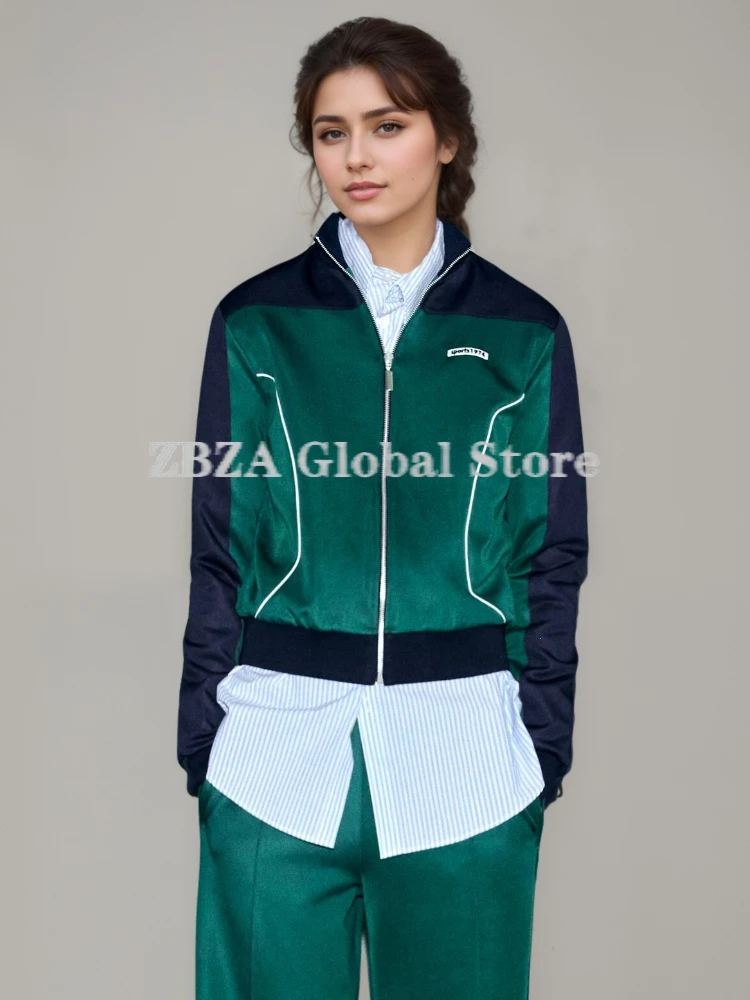 Women Contrasting Jacket Straight-leg Pant Suit Long Sleeves High Collar Zip Coat Elasticity Wide-leg Pant Fall Winter Lady Set