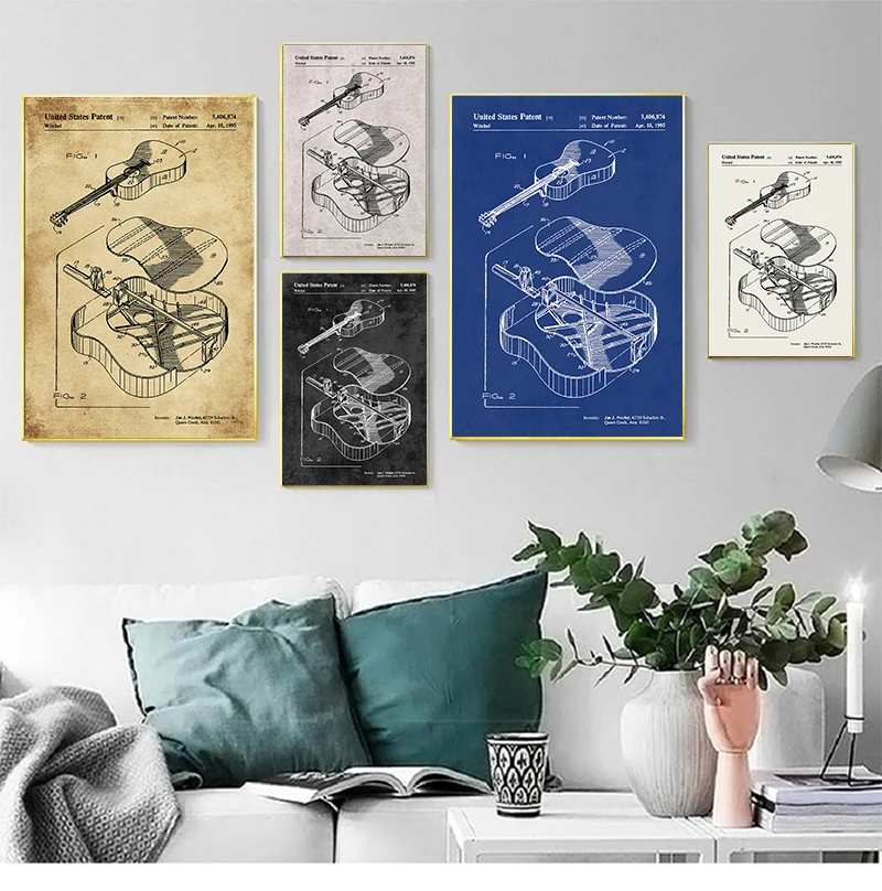 Martin Guitar Patent Blueprint Wall Art Canvas Painting Vintage Posters And Prints Acoustic Guitar Wall Pictures Home Room Decor