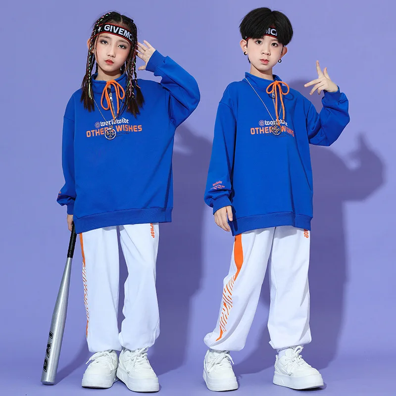 

Kid Cool Hip Hop Clothing Blue Lace up Neck Sweatshirt White Casual Jogger Sweat Pants for Girl Boy Jazz Dance Costume Clothes