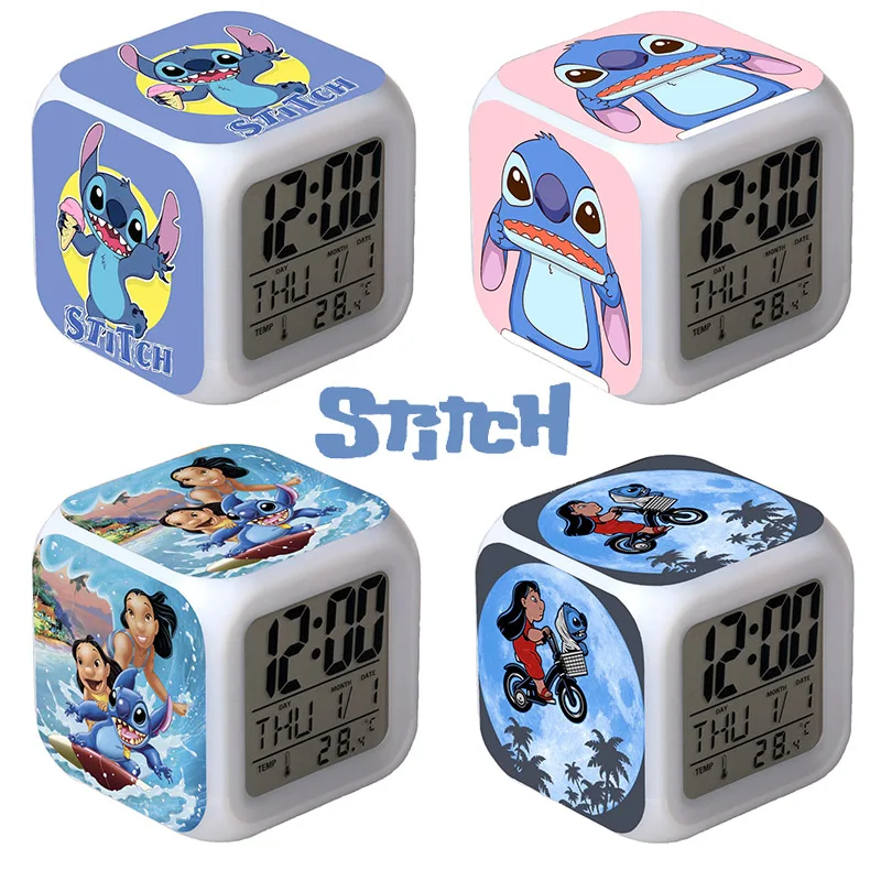 Cute Lilo&stitch Disney Cartoon Alarm Clock Discoloration Luminescence LED Digital Light Cartoon Figure Toys Kids Birthday Gifts