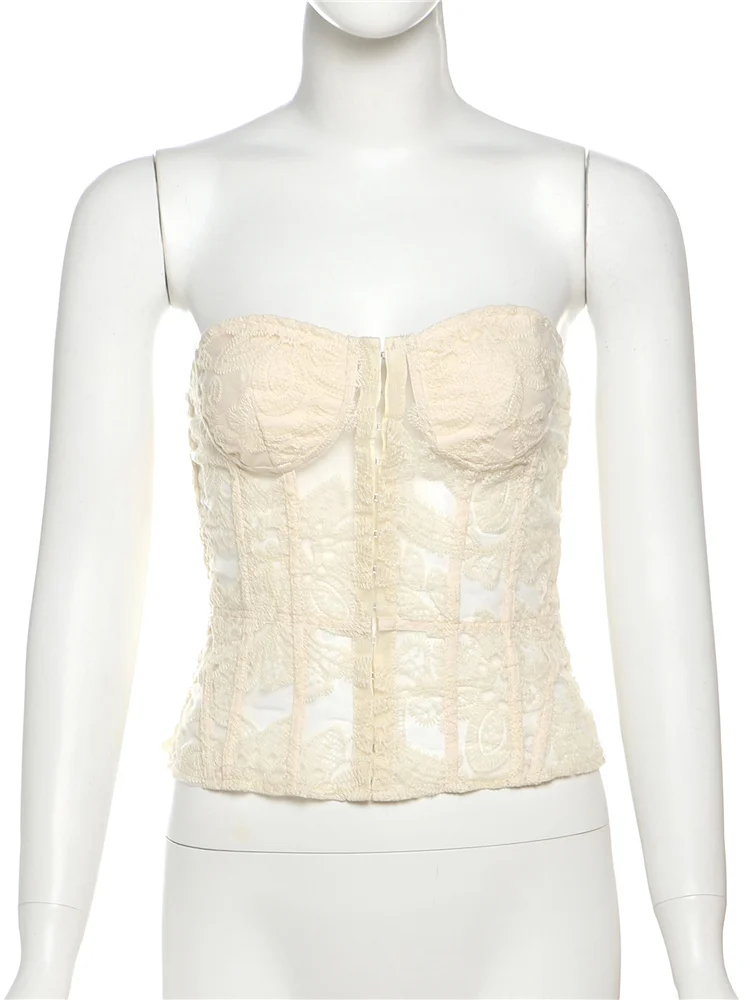 Nibber ver através das mulheres urdidura sem mangas padrão de renda escondida fivela de metal sem costas sexy tendência verão simples meia-noite mini topo