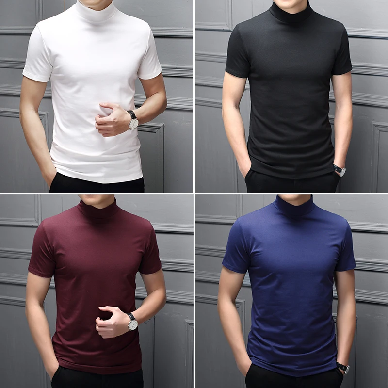 

Spring Summer Men Half high Collar T-Shirt Mercerized Cotton Short Sleeve Slim Body Tee Tops Male Solid Model High Collar TShirt