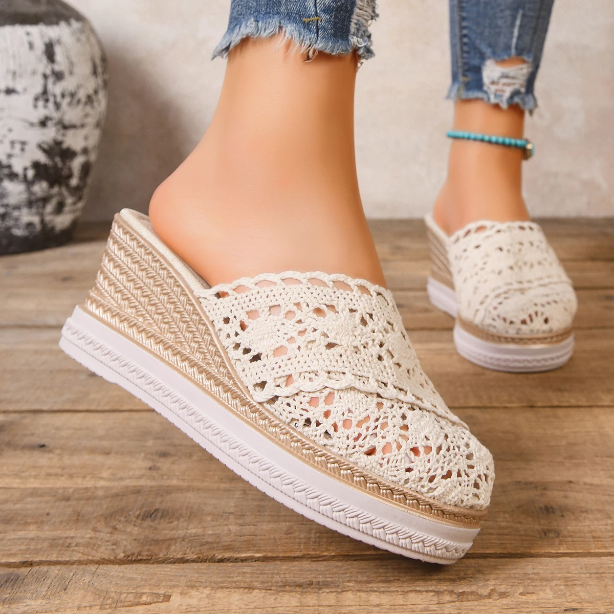 

2025 женские римские сандалии с кружевной головкой, дизайнерская женская обувь на танкетке, удобные дышащие сандалии, женские шлепанцы, Zapatos De Mujer