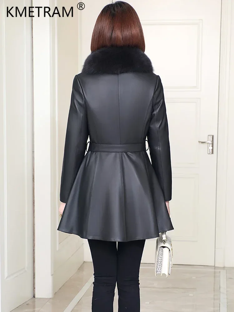 Veste élégante en cuir véritable pour femme, manteau en peau de mouton véritable, duvet chaud, col en fourrure de renard combiné, automne et hiver 2023