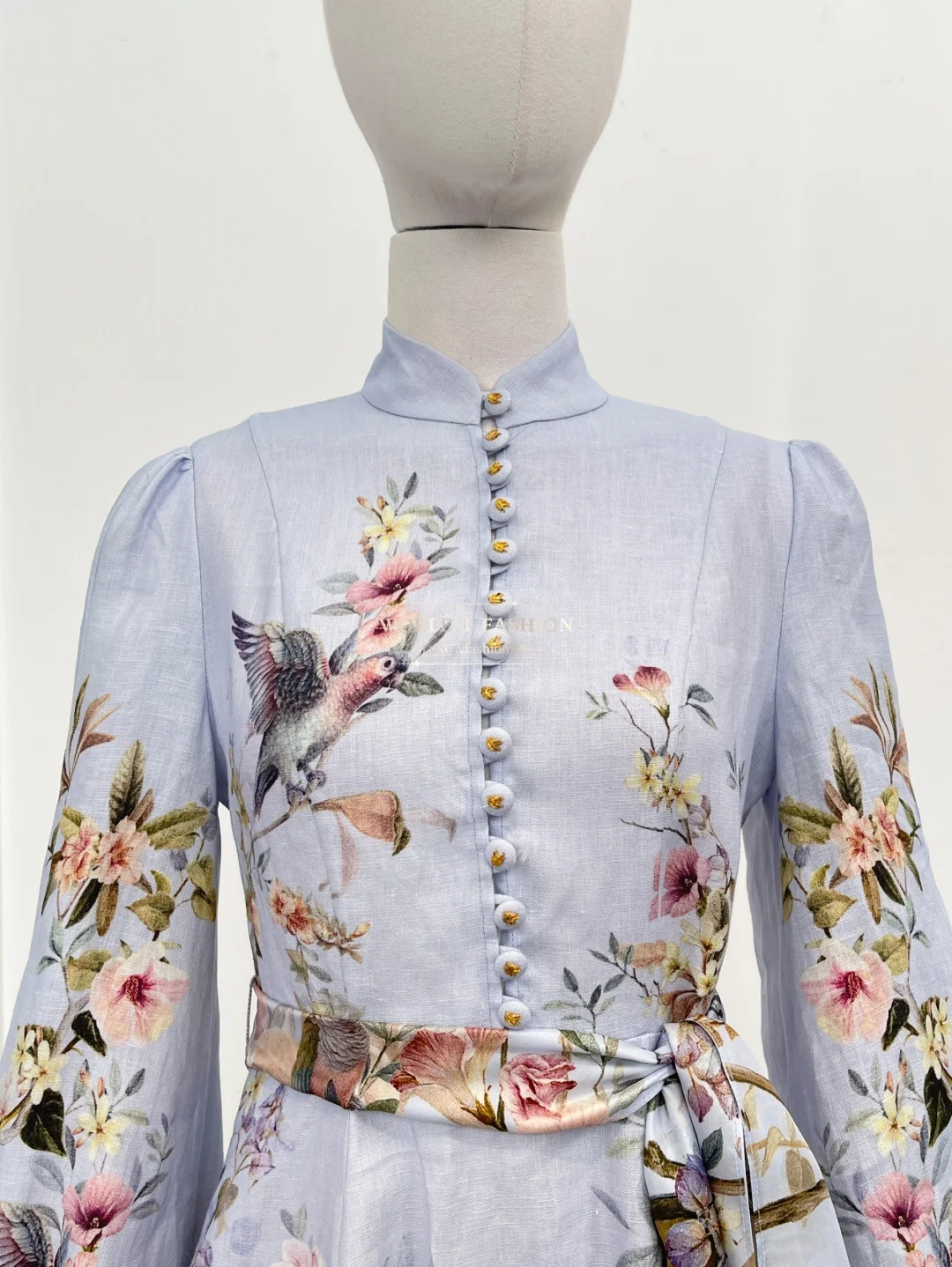 2025 Women New Fashion Blue Floral Print Long Sleeve Mini Dress