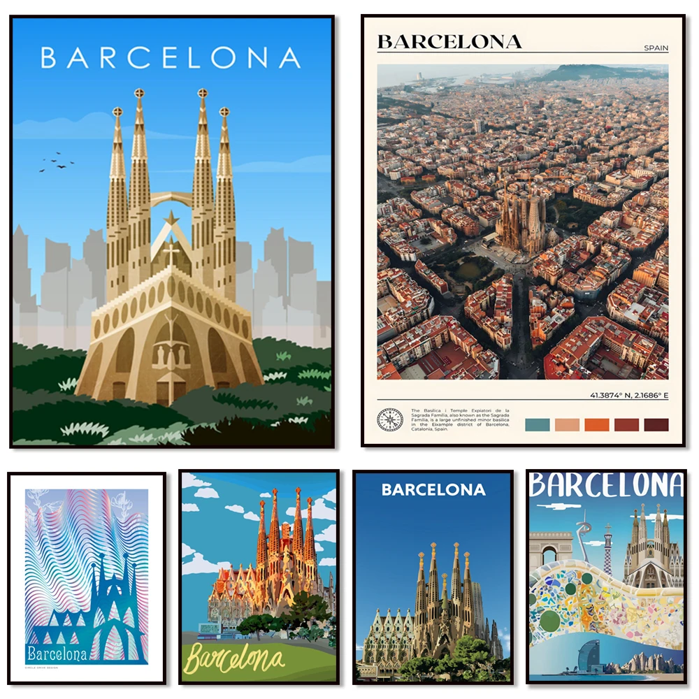 Sagrada Familia Barcelona, ​​Spain, European capital graphic, Park Guell, La Pedrera, Las Ramblas, Catalonia travel poster