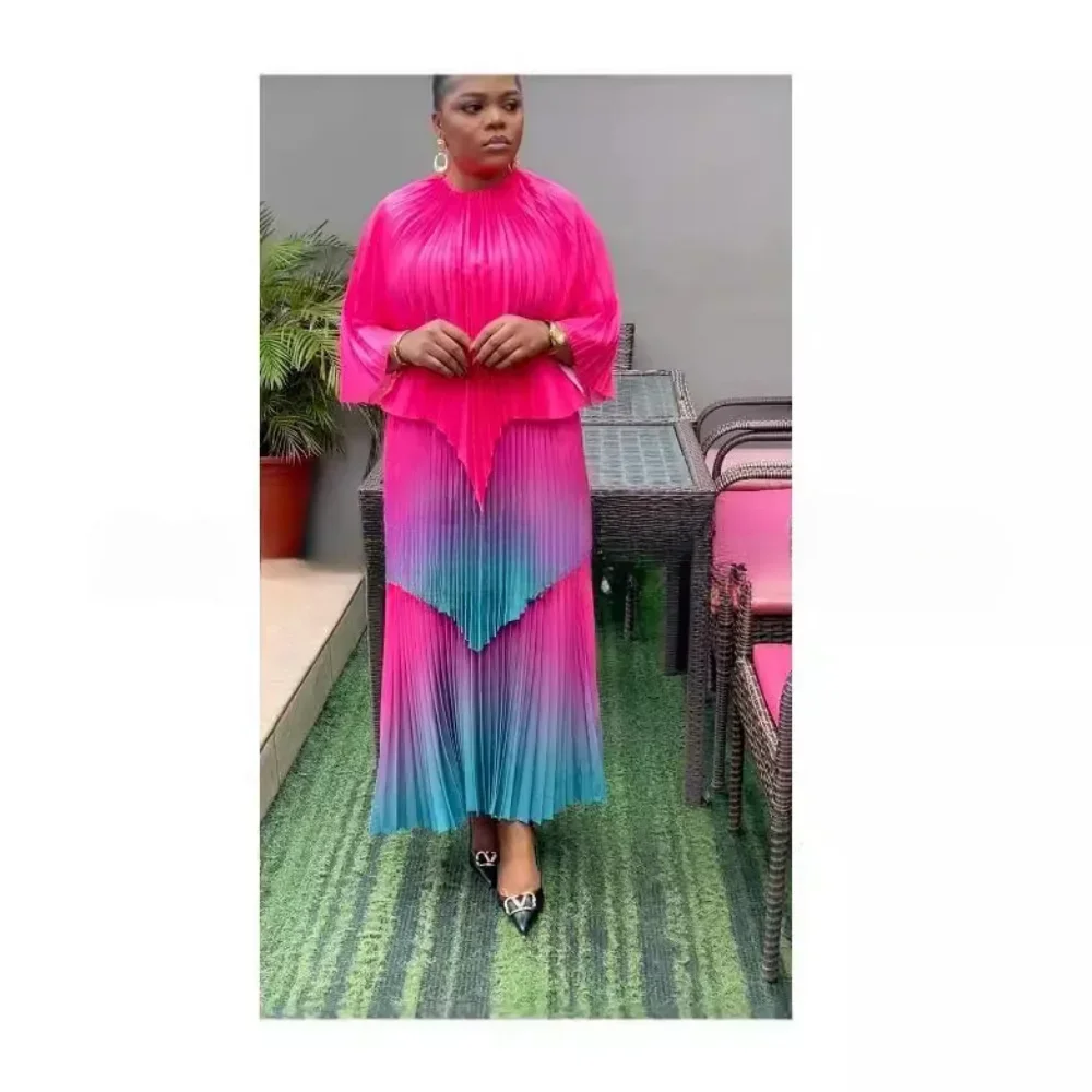 2024 New Miyake Suit Gradient Pleated Spliced 2 Piece Set Women Fashion Irregular Tops High Waist A-line Long Skirts Sets