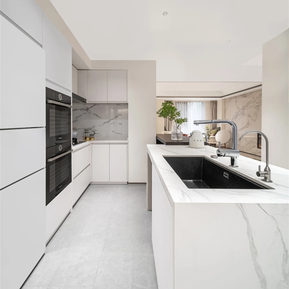 

Custom Modular Modern Attractive White Lacquer Kitchen Cabinets Complete Sets With Marble Island