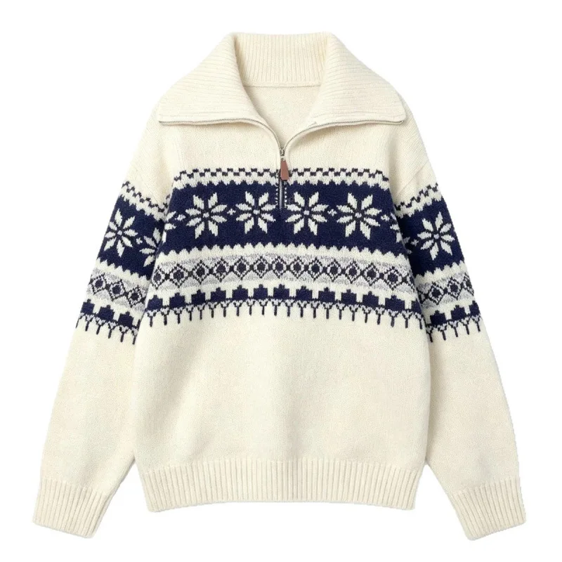 Harajuku Vintage Brown Fair Isle Knit Sweater For Women Turtleneck Geometric Jacquard Loose Korean Fall Winter Warm Pullover Top