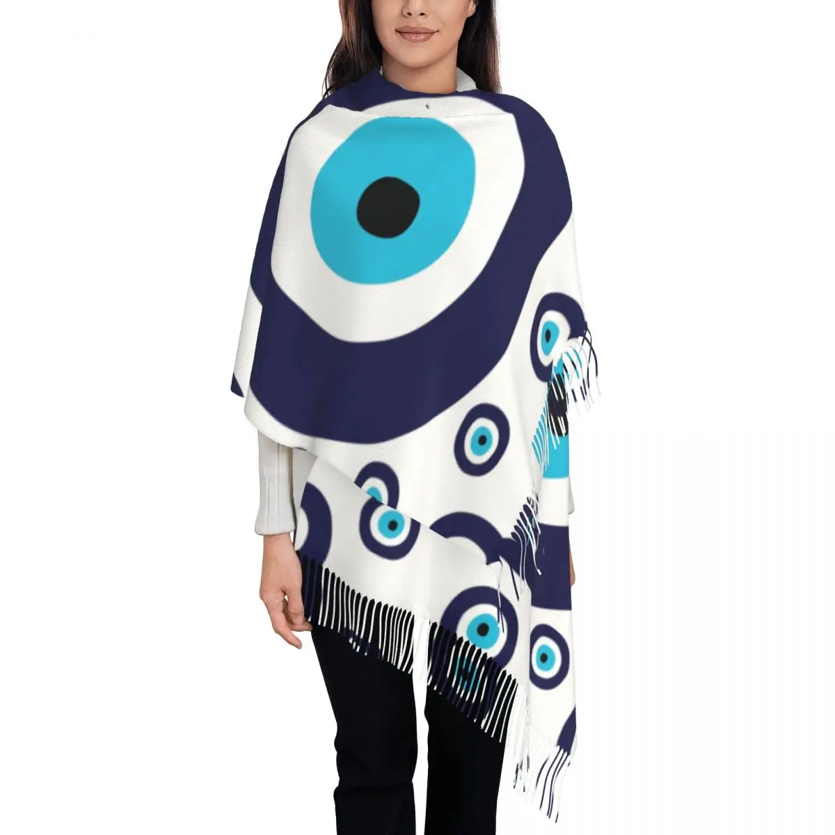 Custom Navy Blue And Aqua Nazar Evil Eye Lucky Charm Pattern Scarf Women Stylish Winter Shawl Wraps Amulet Boho Tassel Wraps