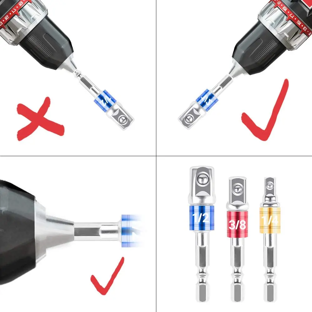 3pcs Impact Grade Socket Adapter Extension Set 1/ 4" 3/ 8" 1/ 2" Drive Socket to Drill Adapter Power Drill Into Nut Driver