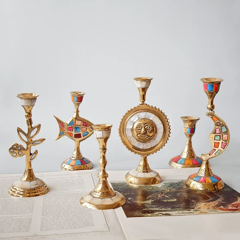 Nordic Style Candelabra with Shell & Bone Inlay, Antique Brass Candle Holder, Luxury Table Centerpiece, Gift for Housewarming