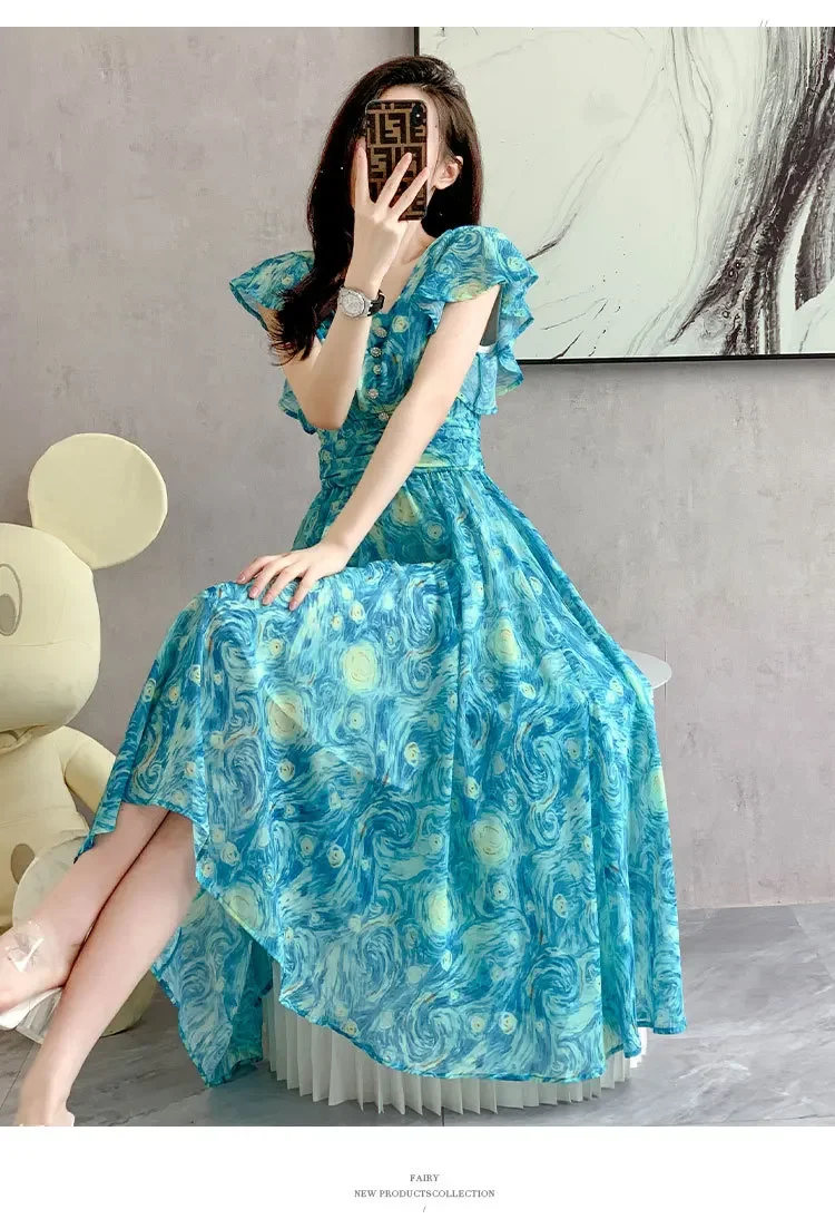 Summer Women Dresses Elegant Print Boho Beach Dress Temperament Sundress Short Sleeve Casual Elegance Dresses for Women Vestidos