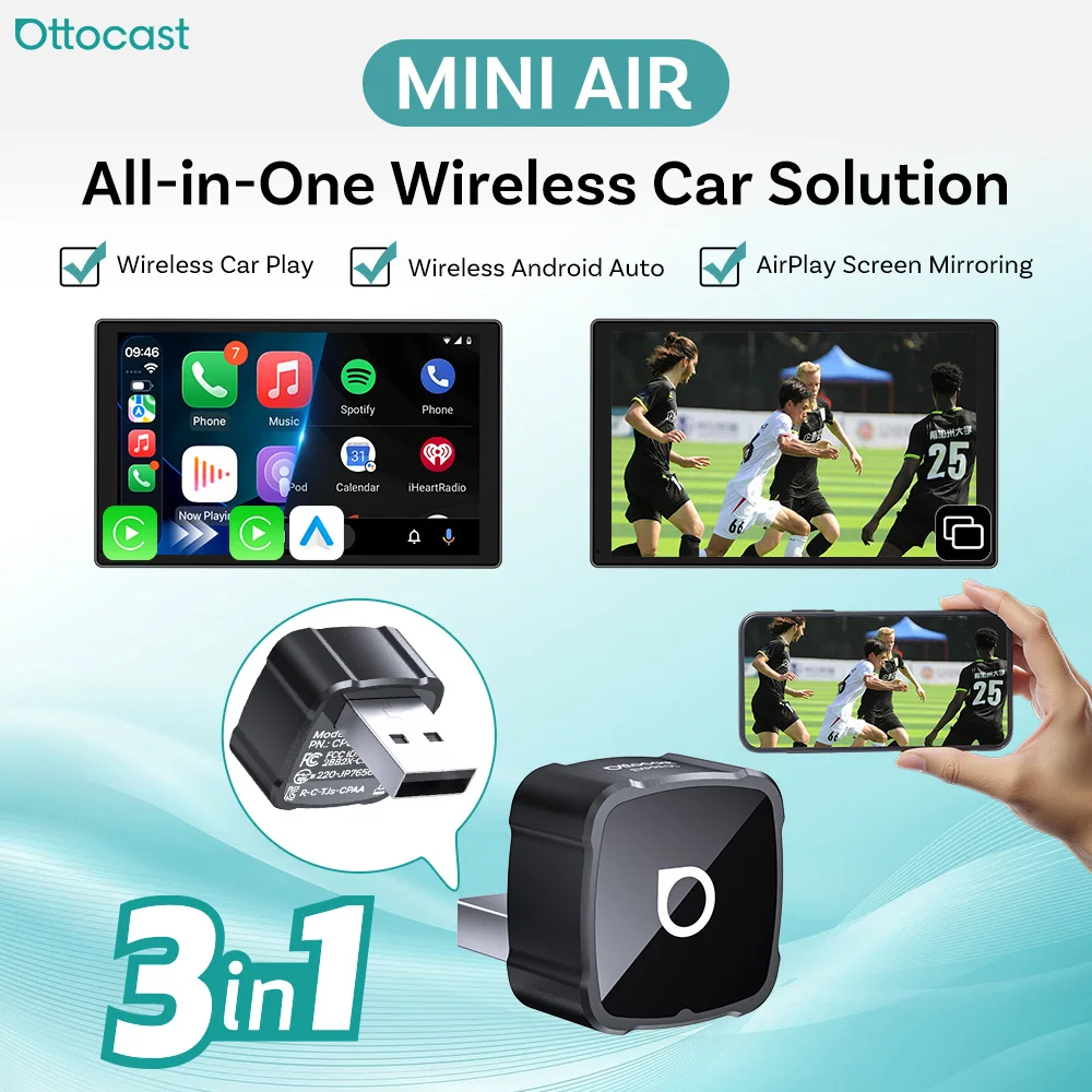 Adaptateur Ottocast Mini Air Wireless Carplay pour la mise en miroir d'écran iOS, se souvient de 2 appareils, Plug and Play, design compact et mini.