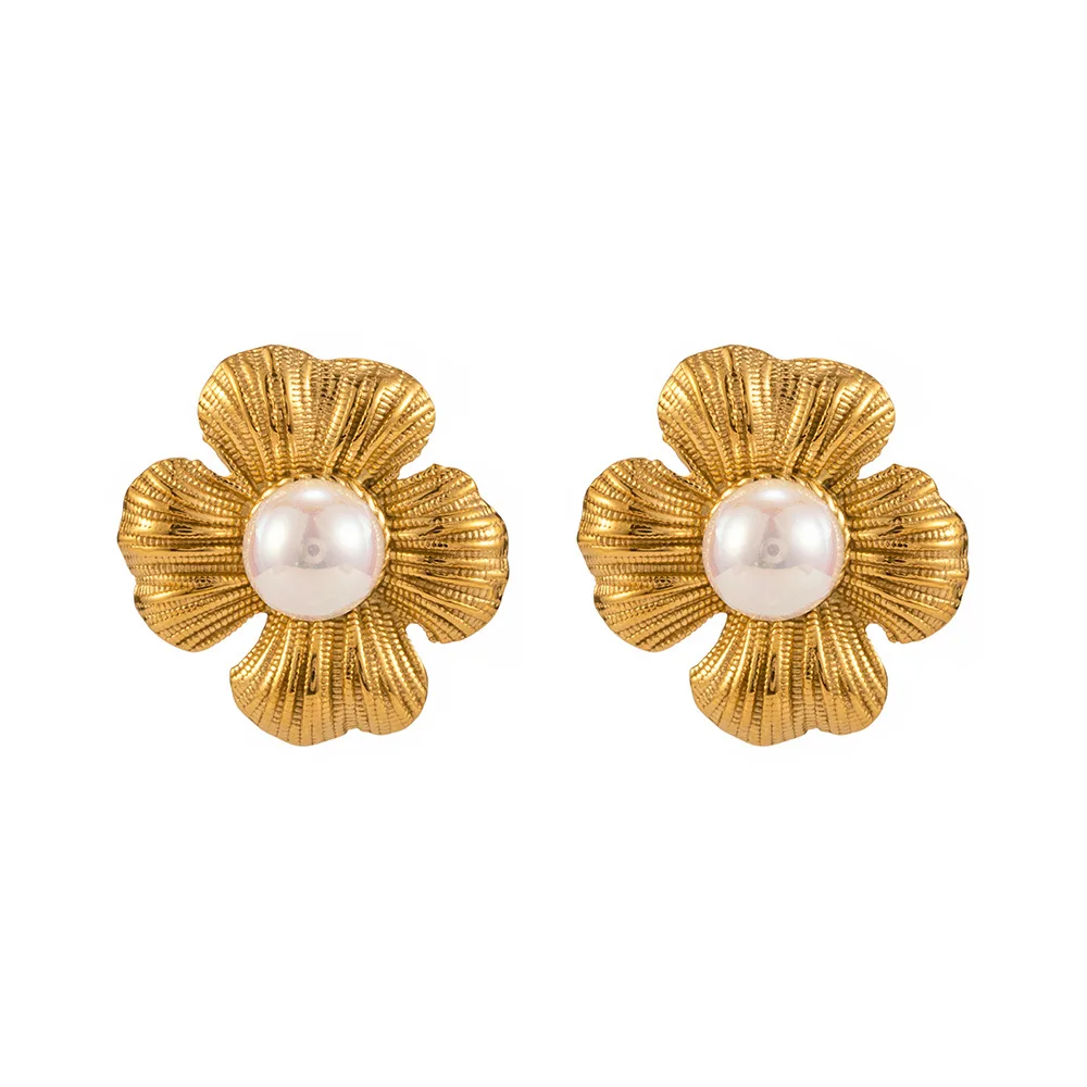 

Stainless Steel PVD 18K Gold Plated Tarnish Pearl Flower Stud Earrings For Woman Jewelry Wholesale 2023 Trendy