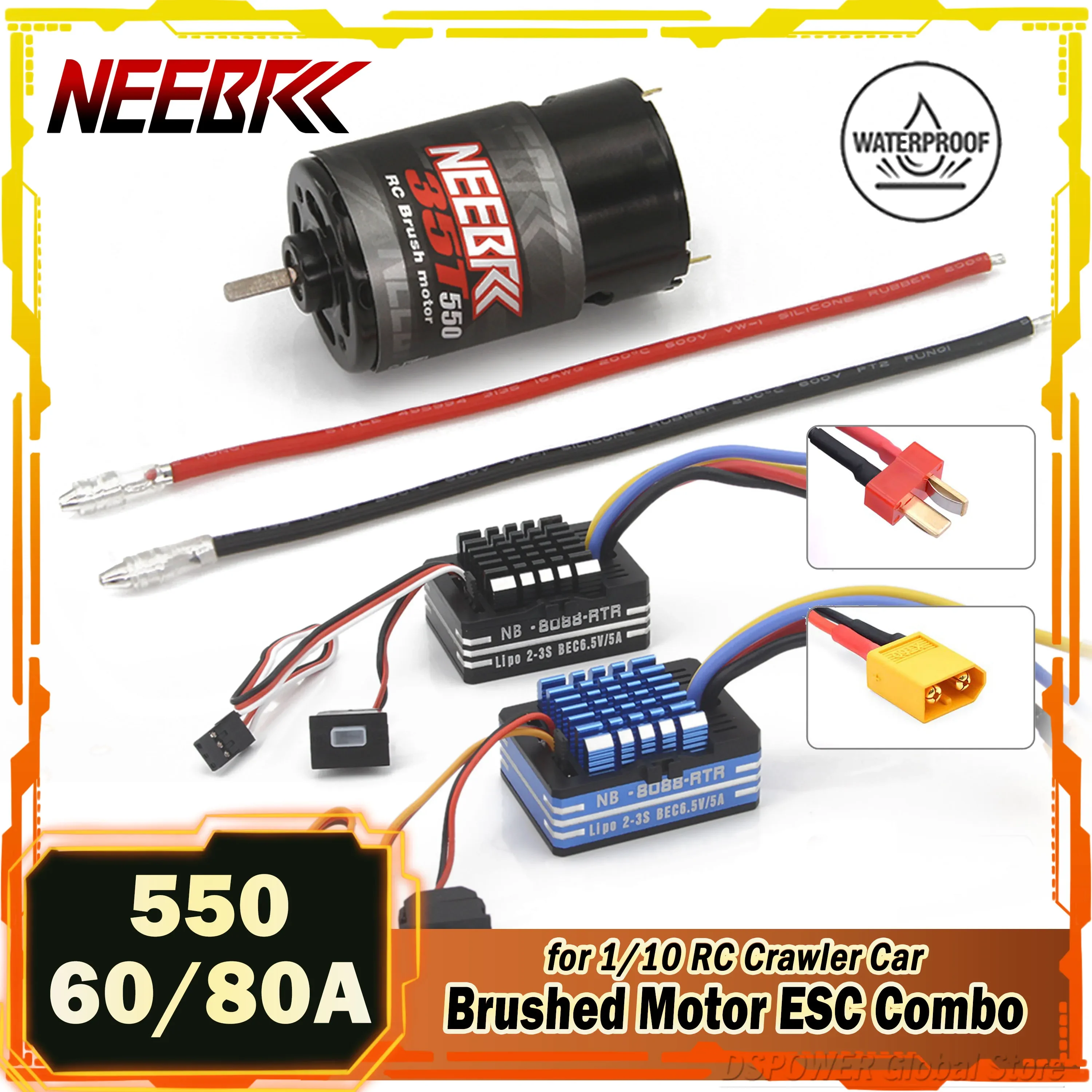 Neebrc 550 motor escovado à prova d'água 60/80a esc para 1/10 rc crawler wltoys axial kypsho hsp scx10 axi03007 jl 90046 trx4 trx6 carro