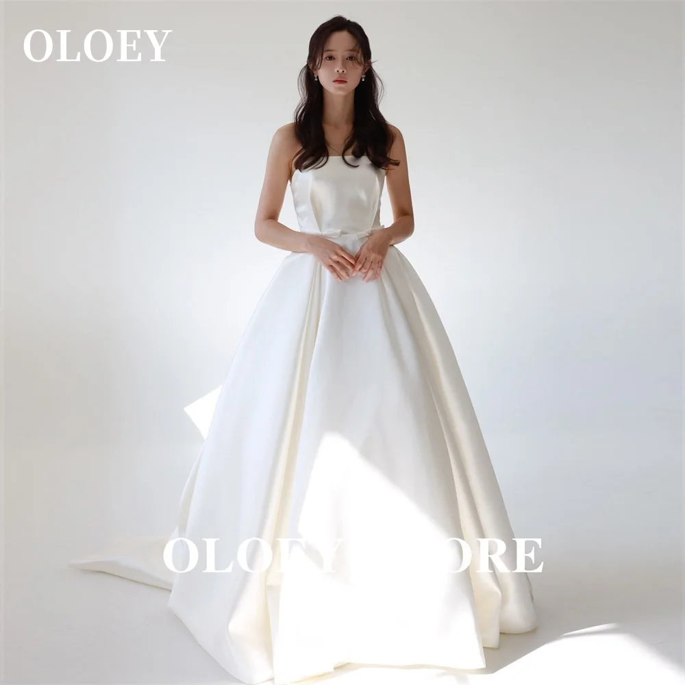 OLOEY ง่ายสายชุดแต่งงานสีขาว Strapless หนาซาตินริบบิ้นความยาวชุดเจ้าสาวรัดตัวกลับที่กําหนดเอง 2025