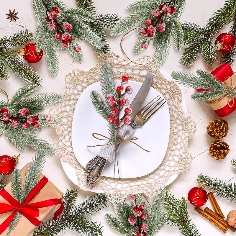 10/20 Stück Künstliche Schnee-Tannennadel-Beeren-Bouquets Weihnachtsdekoration für Christbaum Girlande Ornament Heimdekoration Neujahr DIY Geschenk – Detail 5