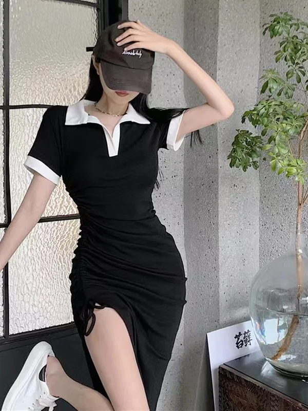 Polo neck dress women's spring and summer Korean version 2024 new slim drawcord pure sexy split short sleeve Dress 8IIM