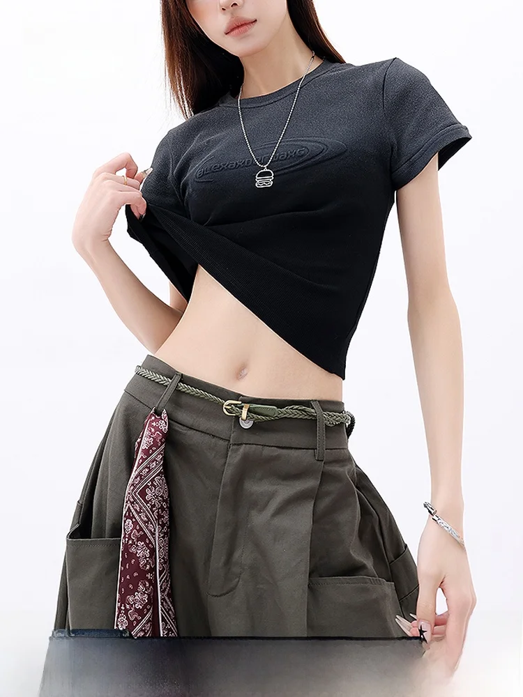 

American Sle ort Sve Letter Eming Crop Top T-irt Women's Slim Fit Base irt Inner Wear Summer Faion