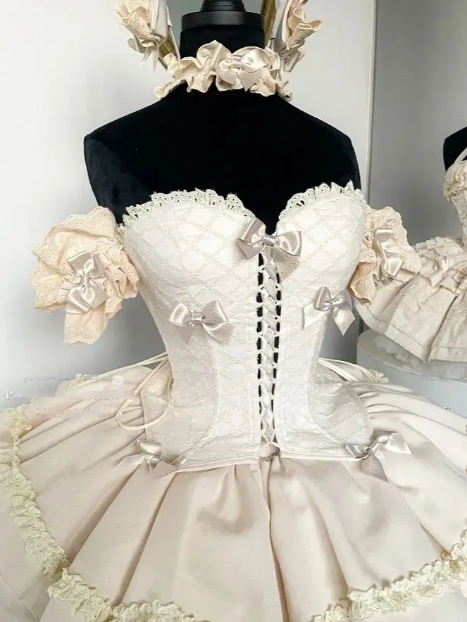 

Doll Feel Lolita Girls Princess Cream and Pink Skirt Sets Original Women's Lace-up Tube Top Slim Corset High Waist Puffy Skirt