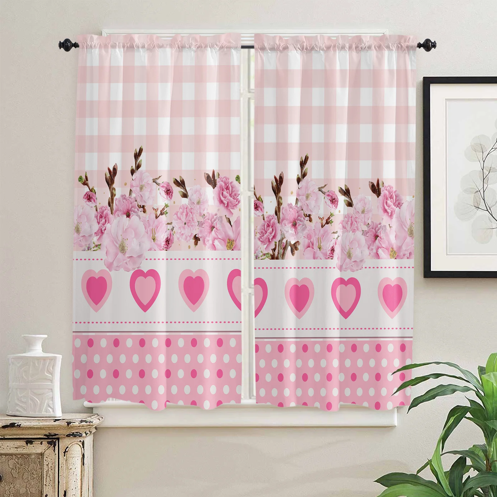 Love Flower Pink Plaid Curtains Home Decor Living Room Kitchen Balcony Room Window Curtain Bedroom Patio Decoration