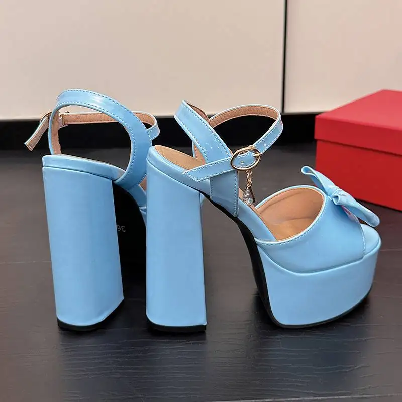 ORCHALISA Women Peep Toe Sandals Chunky High Heels 14cm Platform Dancing Shoes Party Lady Shoe Buckle Strap Bowknot Size42 43