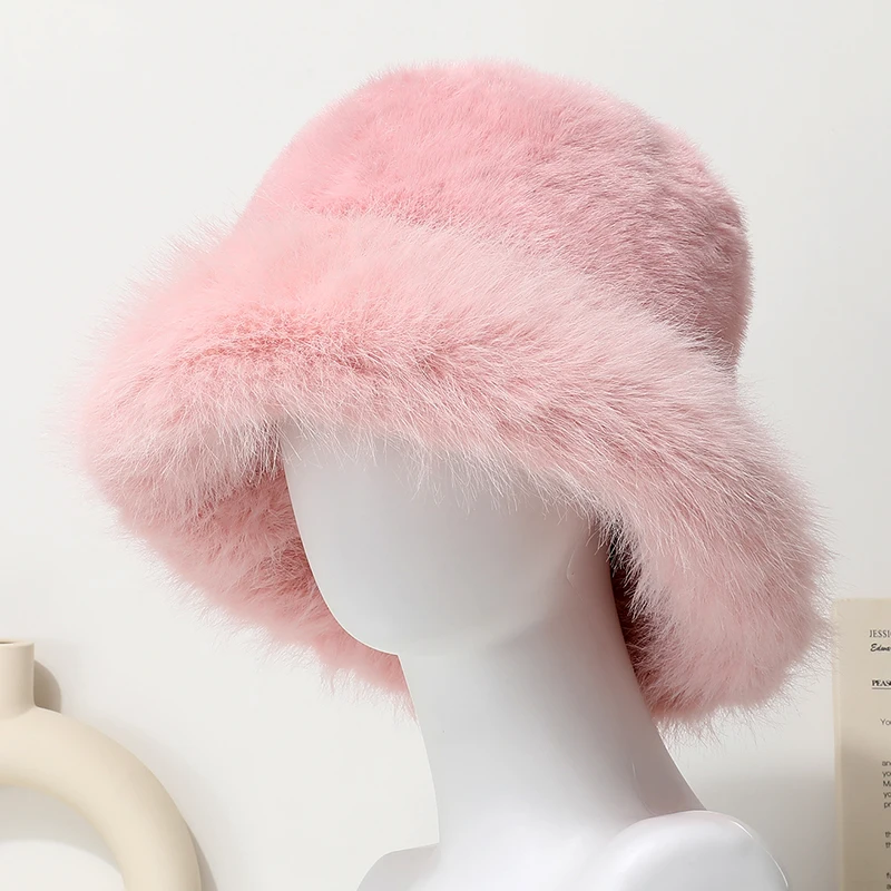 Große Faux Pelz Eimer Hut für Frauen Dicke Plüsch Warme Schöne Flauschigen Winter Hut Dame Luxus Mode Pelzigen Panama Fischer Kappe – Detail 9