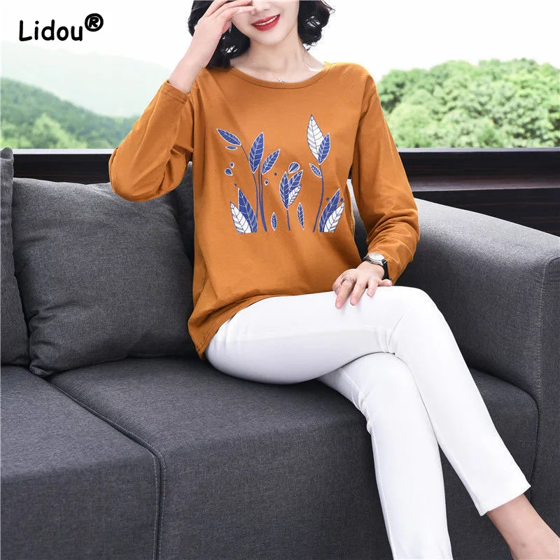 

Casual O-Neck Pure Cotton Leaf Pattern Spliced Women's Clothing Spring Summer Bright Line Decoration T-Shirts Long Sleeve Tops