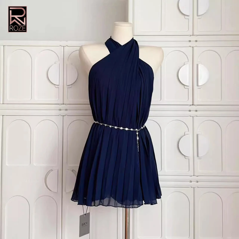 솔리드 패치워크 메탈 튜닉 시크 드레스 여성용 홀터 슬리브리스 미니멀리스트 시어 폴드 캐주얼 드레스 여성 패션 스타일