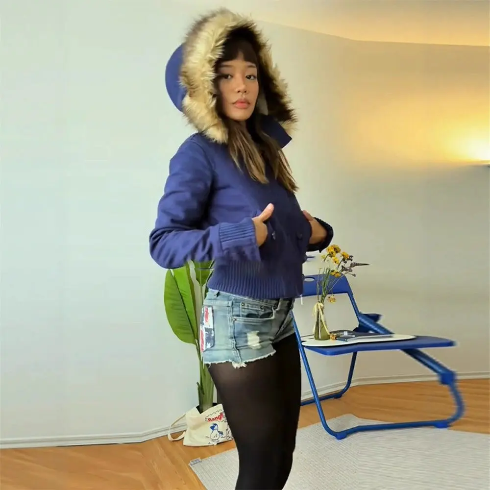 PRINTKAOIR Vintage Braun Kurze Kapuze Jacke frauen Volle Hülse Schlank Abnehmbare Pelz Kragen Winter Herbst Weibliche Oberbekleidung