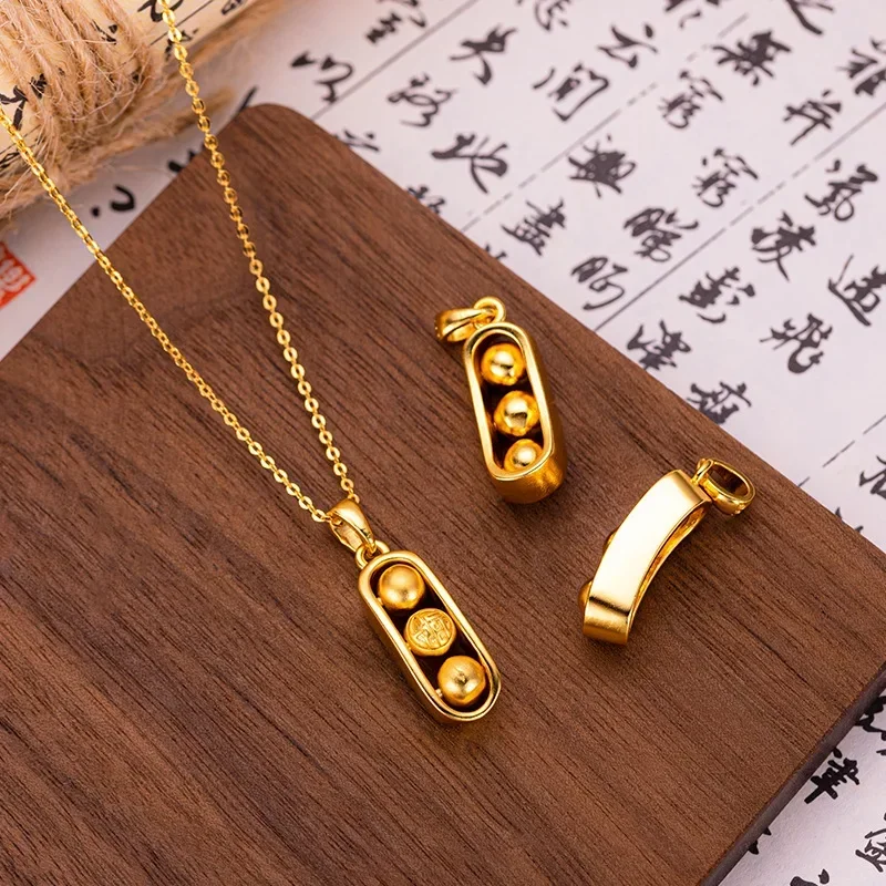 9999 Real Gold 24K New Chinese Ethnic Style Transfer Bead Pea Pendant Gold Rotatable Fu Character Pea Pendant