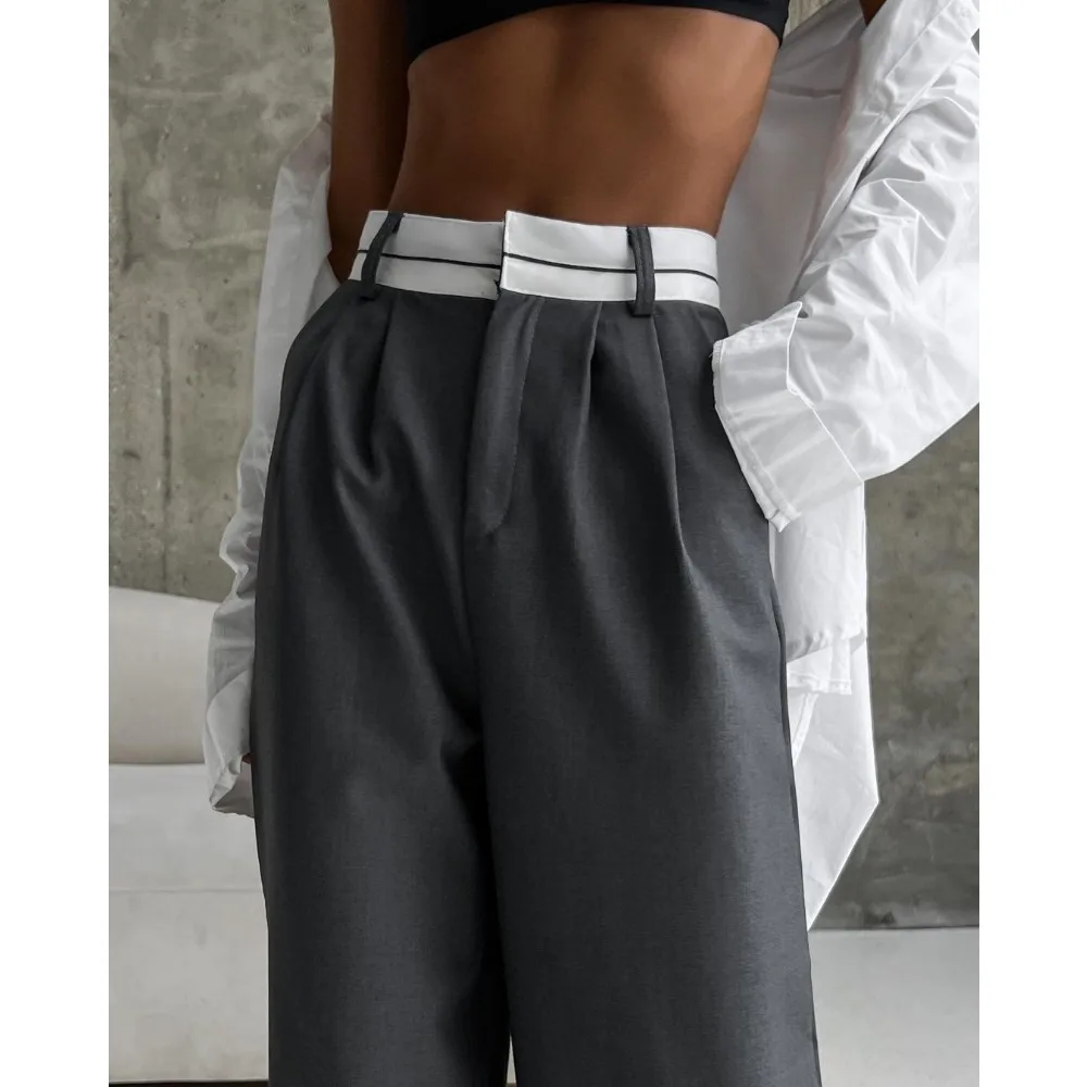 Office Ladies High Waist Suit Pants Vintage Wide Leg Pants Baggy Straight Trouser Luxury Brands Women's Clothing Black Gray New