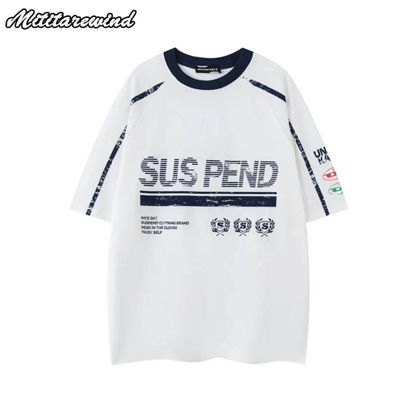 

Summer Sport T Shirt Men Letter Printed Half Sleeve Round Neck Oversized T Shirt Retro Distressed Cotton Tops Tees For Hipster