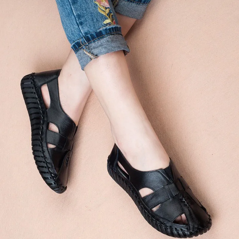 

XMWRLW Genuine Leather Sandals For Women Summer Flat Shoes Retro Style Solid Color Ladies Summer Sandals Non Slip Beach Shoes