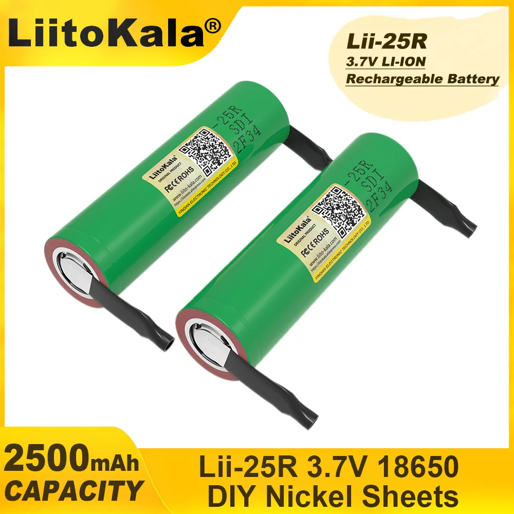 LiitoKala-rechargeable lithium battery, high capacity nickel battery, DIY, Lii-25R, 18650, 3.7 V, 2500mAh