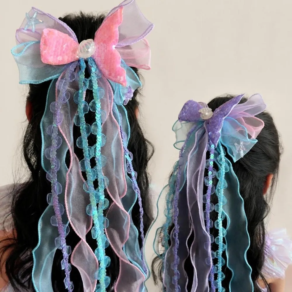 Elegant Bow Mermaid Hair Clip Sparkly Sequins Floating Yarn Tassel Princess Bow Hairpin Tassel Hair Clip Princess Costume
