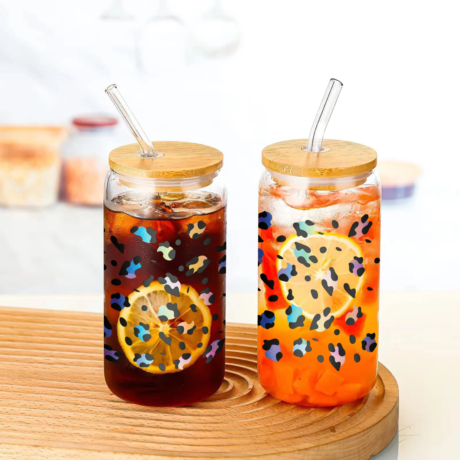 1pc Colorful Leopard Print Pattern 3d Printed 16oz Glass Cup With Lid&Straw Soda Can Coffee Cup Barware Iced Coffee Lover Gift
