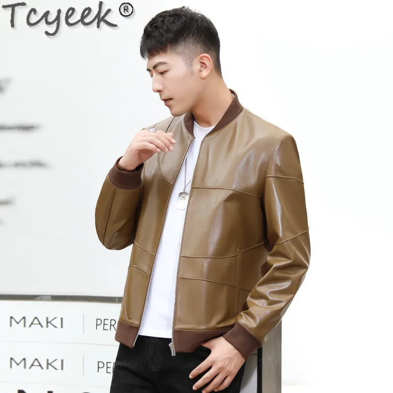 Tcyeek Real Leather Jacket Men Natural Sheepskin Coats Spring Autumn Mens Clothes Baseball Uniform Short Leather Coat Thin Style