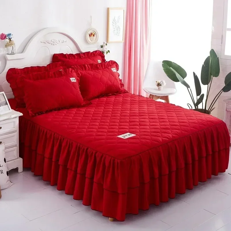 

Cotton Bed Sheets & 2pcs Pillowcases Skirt Bedspread Lace Sheets Wrap Around Solid Fabric Bedroom Gathered Ruffled Bed Skirt