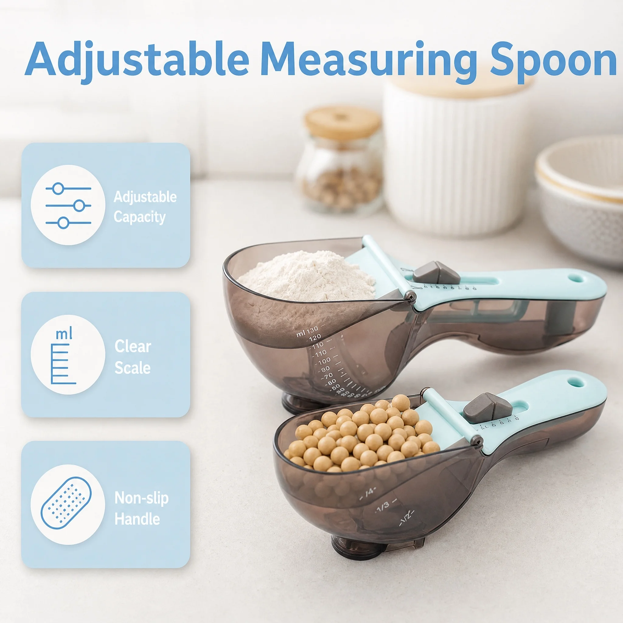 Adjustable Measuring Spoon Set, Food Grade Plastic Scale Scoop for Baking, Pet Food & Kitchen Liquid Measurement