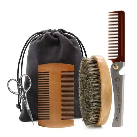 Set di pennelli da barba da uomo con setole di cinghiale, barbiere portatile, spazzola per barba naturale, pettine, forbici per lo styling per la pulizia del viso