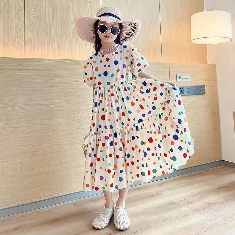 Fashion Summer Girls Dress 2024 Dot Beach Long Dress For Girl Bohemia Children Princess Loose Dresses Costume Teen 8 10 12 14 Y