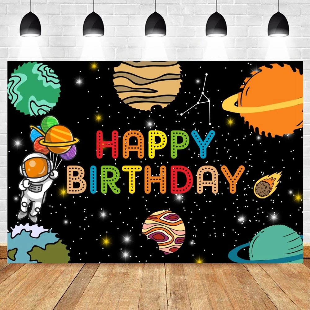 Cartoon Space Universe Planet Theme Happy Birthday Background Cloth Party Decoration Banner Boy\'s Gift Photography Background