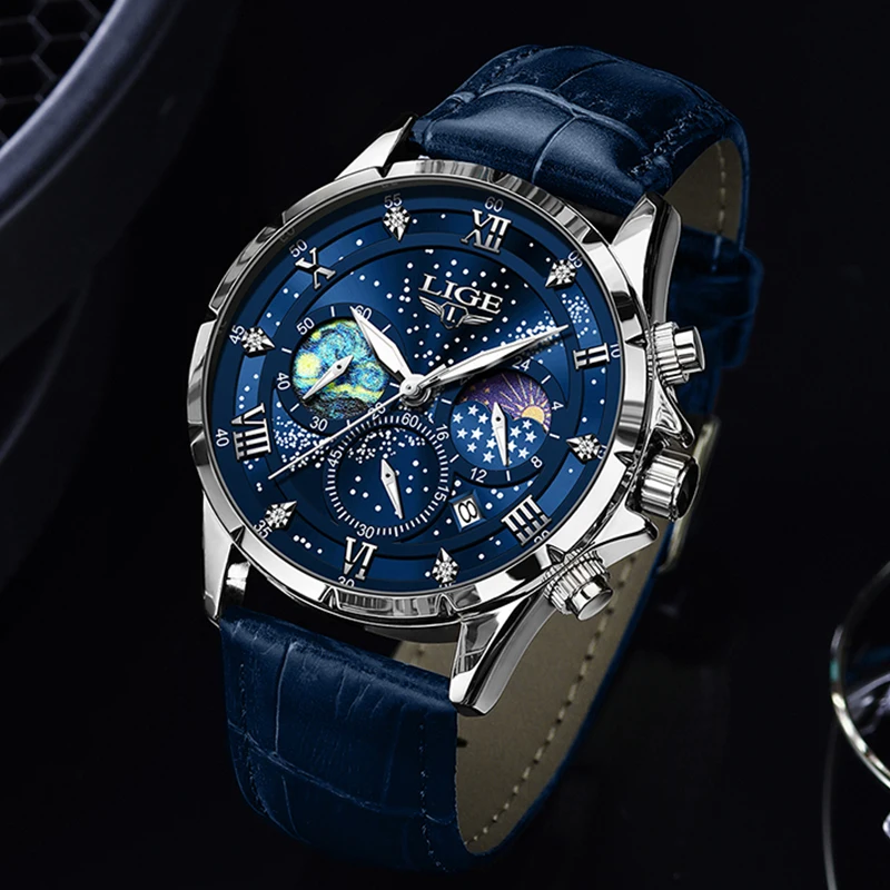 LIGE Luxury Leather Man Watch Quartz Calendar Waterproof Luminous Chronograph Mens Watch Moon Phase Outdoor Sports Men Watches