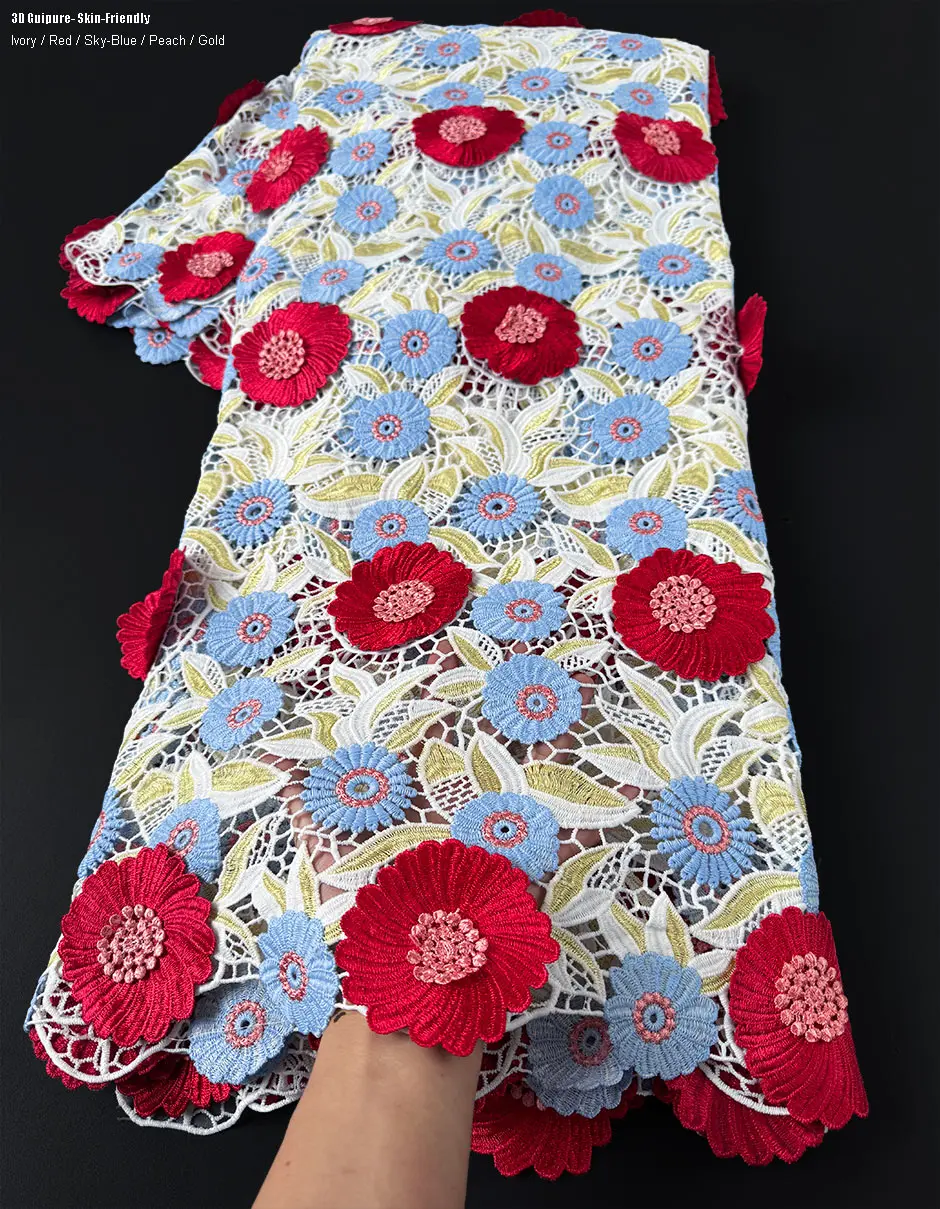5 Yards Superb Embroidery Guipure Lace 3D Appliques African Cord Water Soluble Fabric Bridal Sewing Garment Celebrants Wear