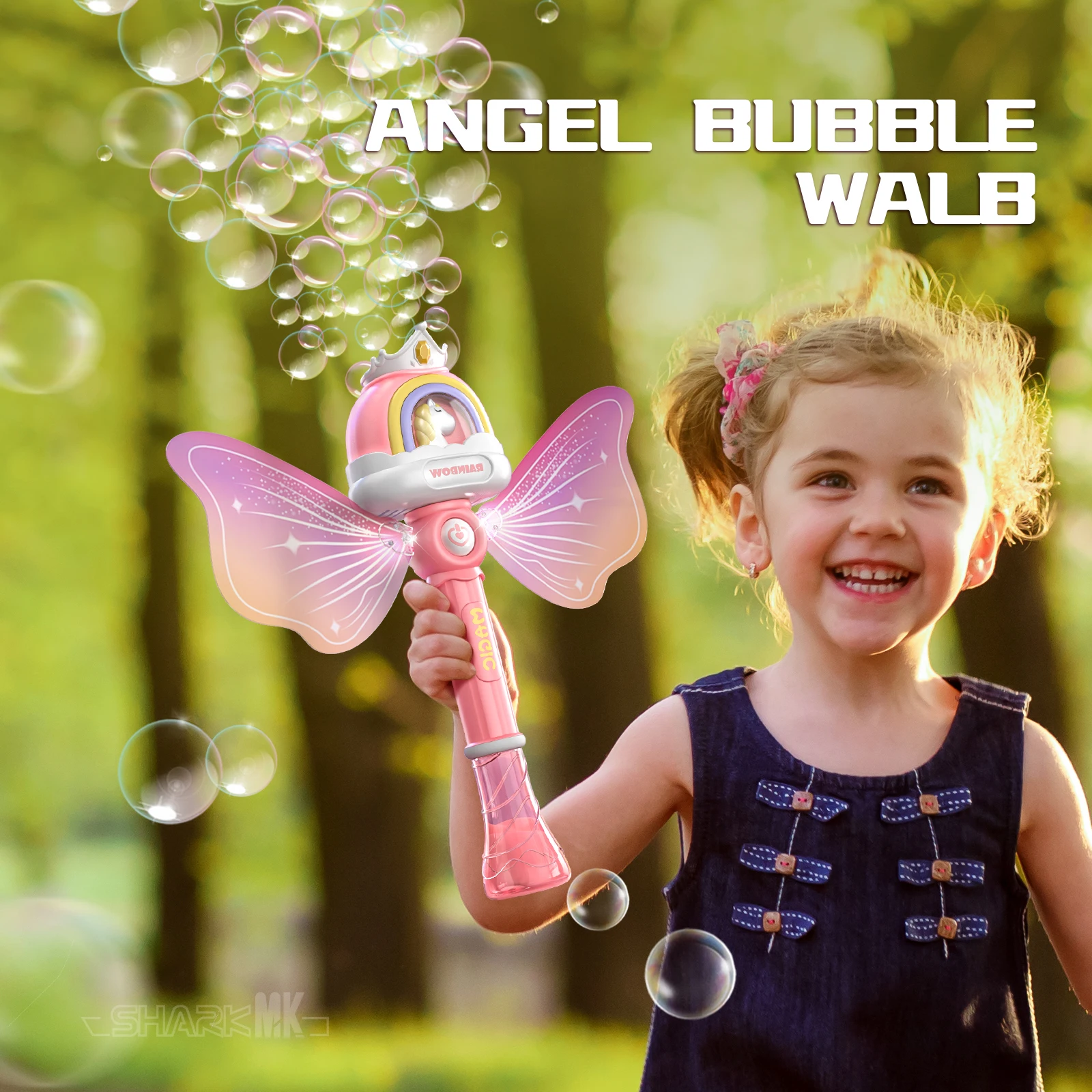 Machine à bulles automatique avec souffleur de bulles Pony Angel, avec lumières LED, jouet d'extérieur pour 3 ans et plus, Solution à bulles non incluse