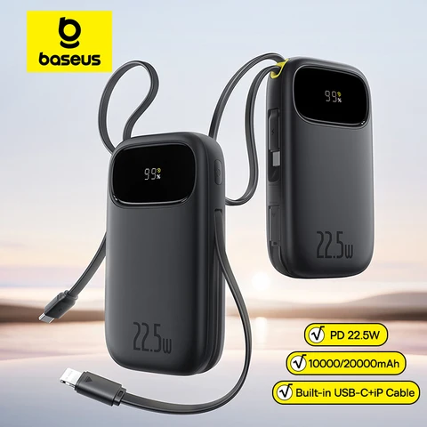 Baseus 10000/20000mAh 22.5W Power Bank со встроенным выдвижным кабелем USB-C/Lightning для iPhone 16/15/Samsung S25/Xiaomi Poco